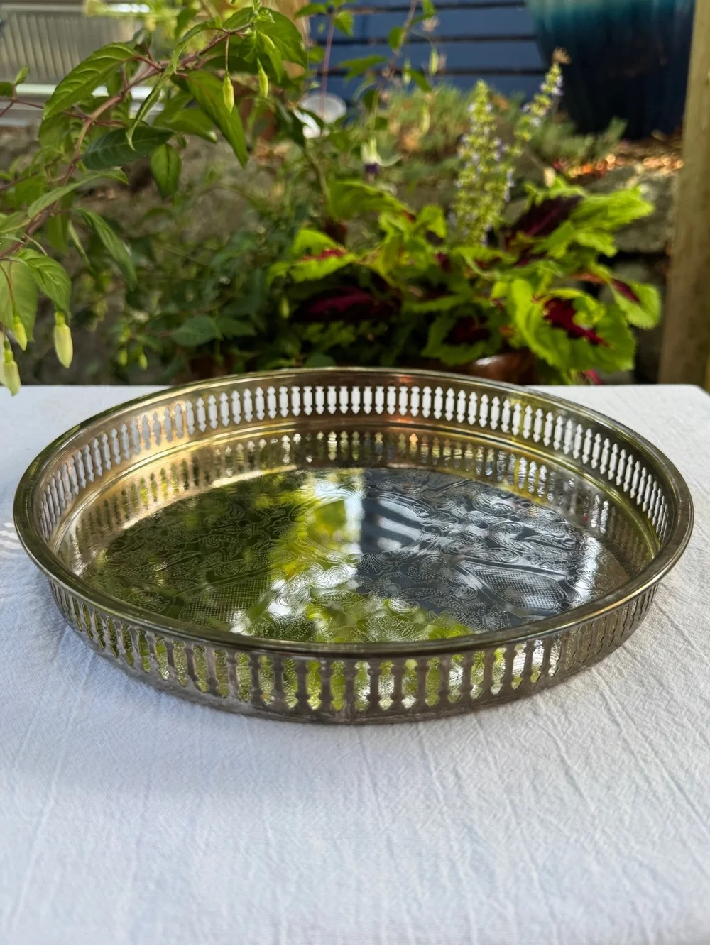 Vintage Silverplate Round Gallery Tray Pierced Rim 10.5”